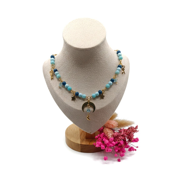 Türkis-Amulett-Halskette mit Mondanhänger an Goldkette