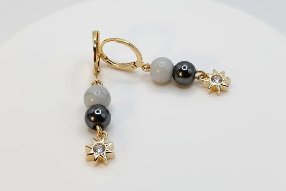 Gold, Grau Edelstahl Ohrringe mit Sonne Anhanger