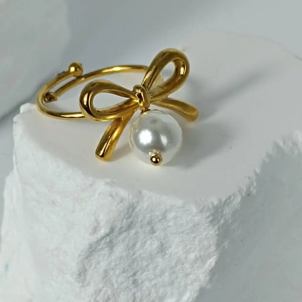 Aeriselle-Pearl Ribbon Ring- Edelstahl Gold White - Ringe