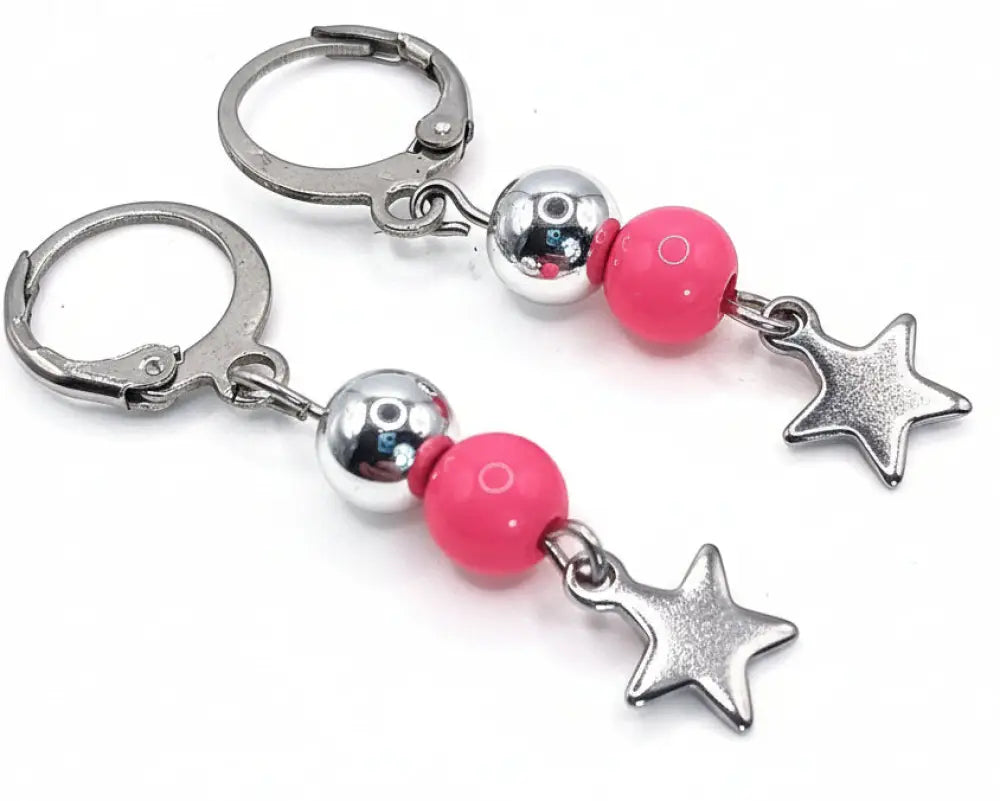 Silber und Rosa Edestahl Ohrringe mit Stern Anhanger