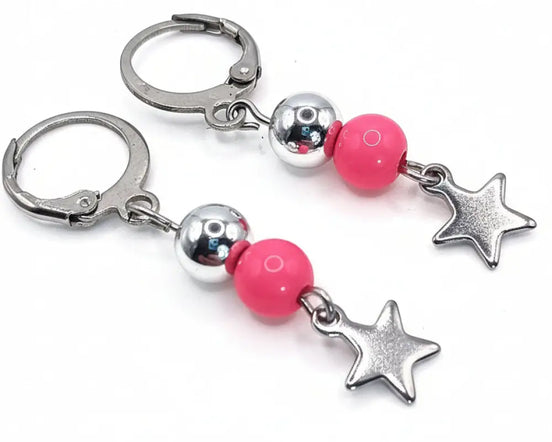 Silber und Rosa Edestahl Ohrringe mit Stern Anhanger