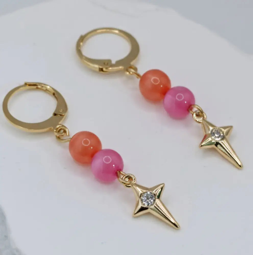 Gold Ohrringe Orange und Rosa mit Stern Anhanger