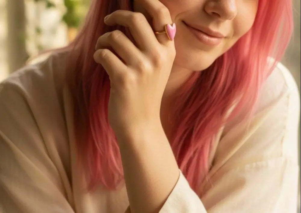 Aeriselle-Sakura Heart Enamel Ring -Edelstahl Gold - Ringe