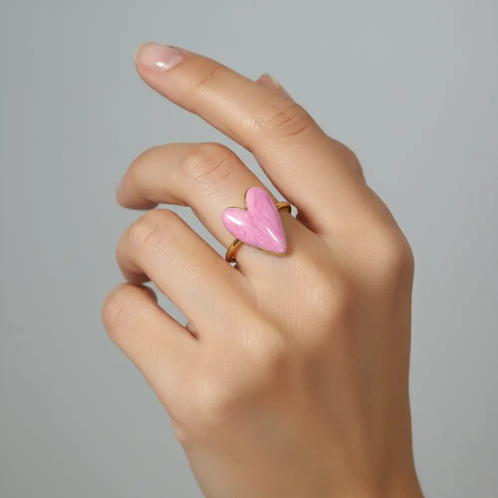 Aeriselle-Sakura Heart Enamel Ring -Edelstahl Gold - Ringe