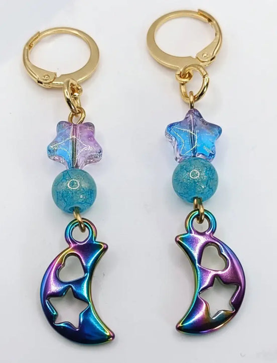 Gold edelstahl ohrringe mir stern und mond anhanger