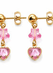 dreampunk.arts gold stainless steel stud earrings featuring pink transparent star beads and heart-shaped crystal charms.