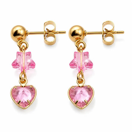 dreampunk.arts gold stainless steel stud earrings featuring pink transparent star beads and heart-shaped crystal charms.