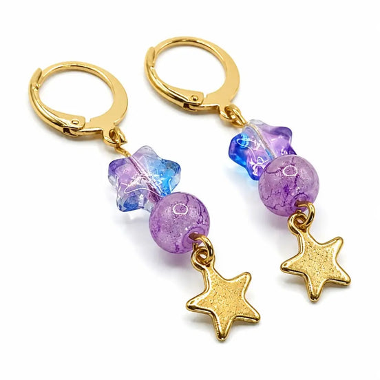 dreampunk.arts gold stainless steel earrings featuring purple star and round glass beads with star charms