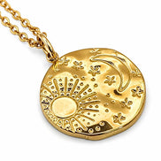 dreampunk.arts gold stainless steel pendant featuring an engraved sun, moon, and star design on a delicate chain.