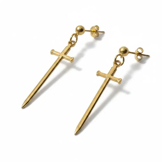 dreampunk.arts gold knight's crest sword earrings with stud backs on a white background