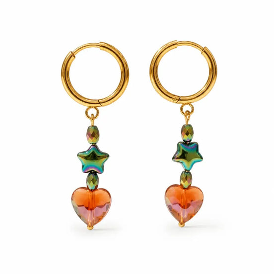 dreampunk.arts Kawaii Magic Sunset Heart earrings featuring orange heart beads, green star charms, and gold hoops.