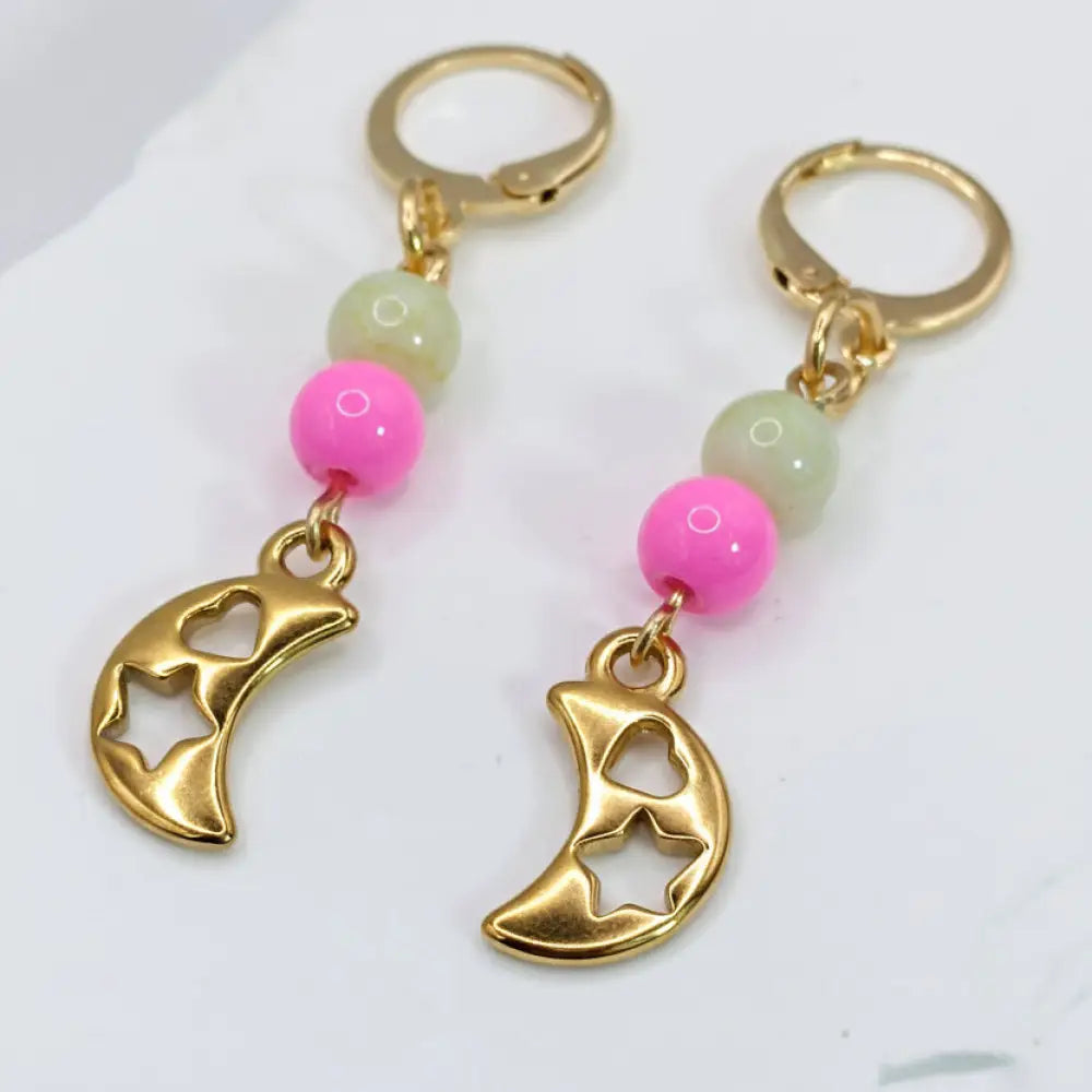 Gold edelstah ohrringe mit neon rosa und hell grün perlen