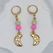 Gold edelstah ohrringe mit neon rosa und hell grün perlen