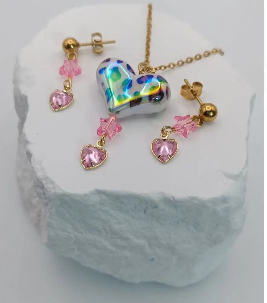  Charme des Leoparden & rosa Herz-Anhänger mit goldfarbener Edelstahlkette